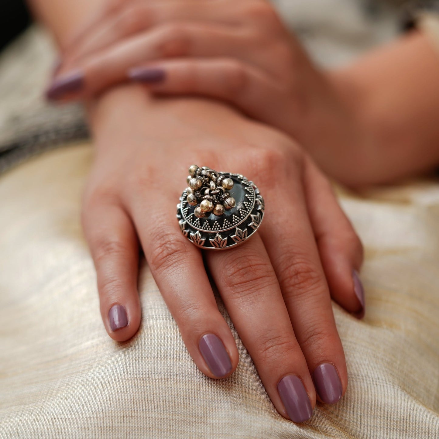 Radha Rani Embossed Domb Ghunghroo Ring - ShailPiya