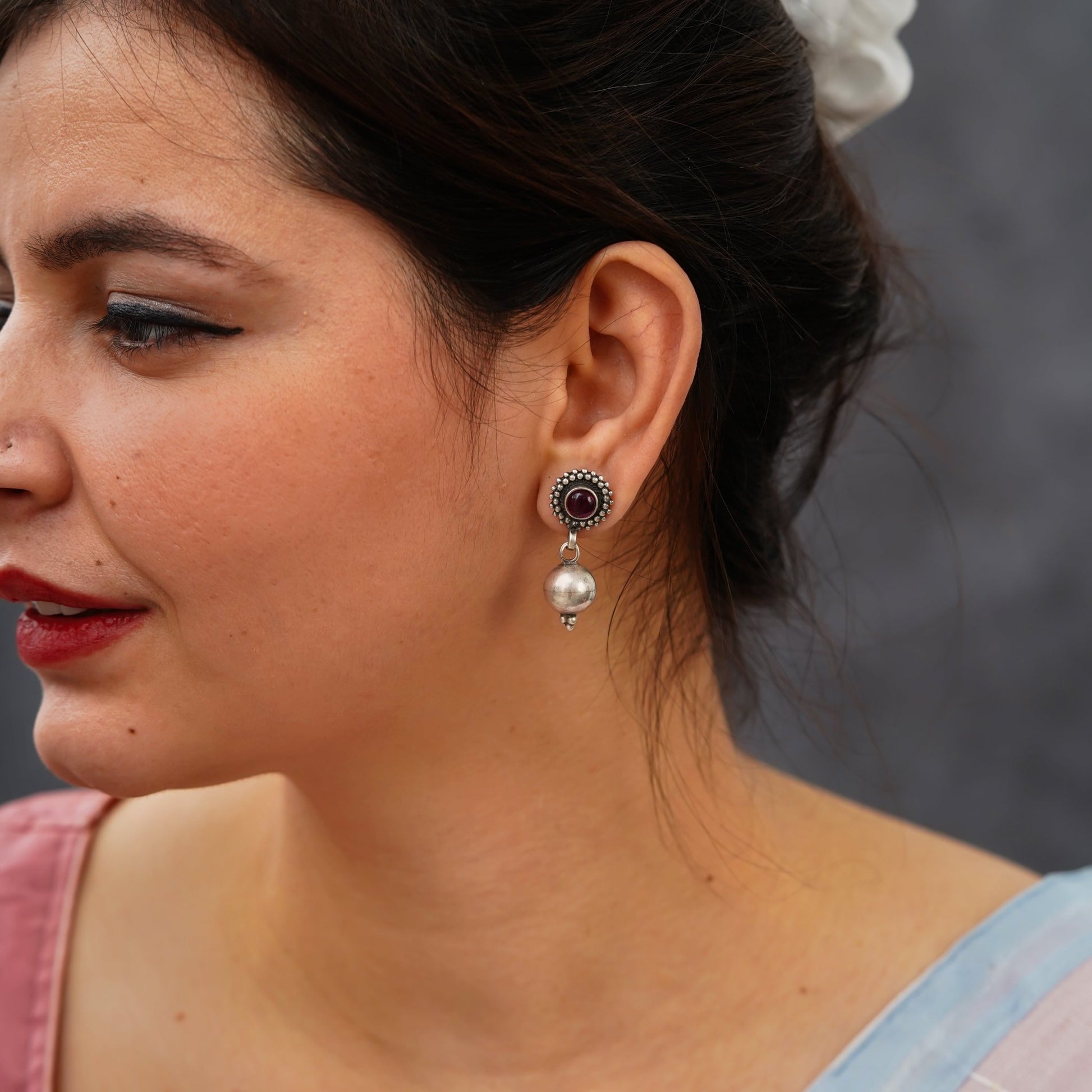 Rani Padmini Minute Deatiled Rawa Red Stone Ball Earrings - ShailPiya