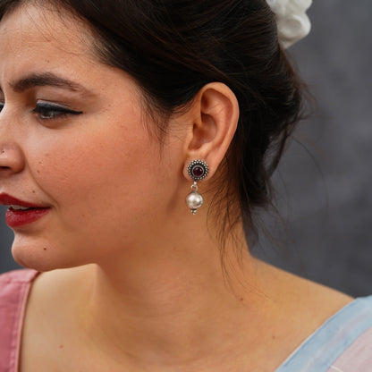 Rani Padmini Minute Deatiled Rawa Red Stone Ball Earrings - ShailPiya