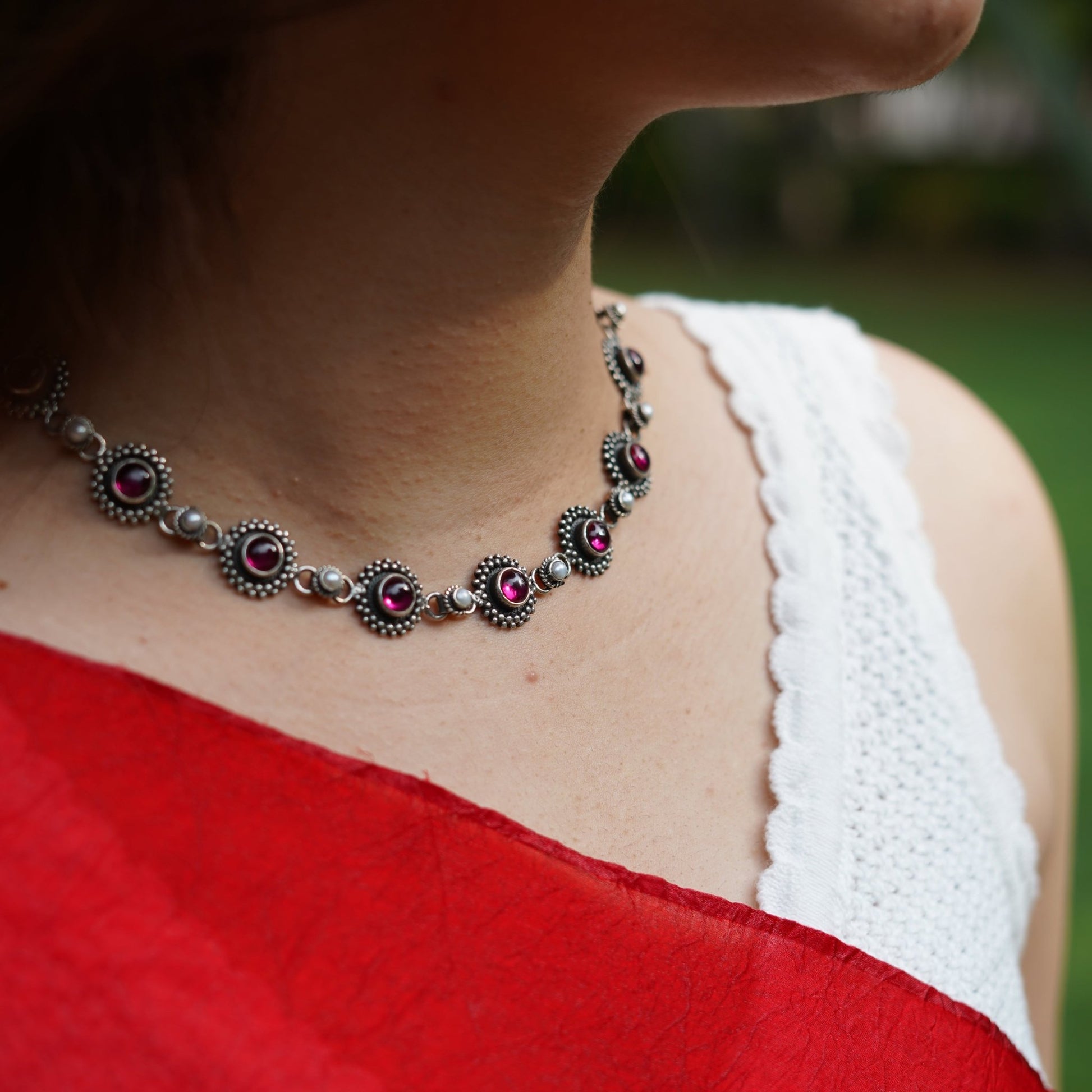 Rani Padmini Minute Deatiled Rawa Red Stone Necklace - ShailPiya