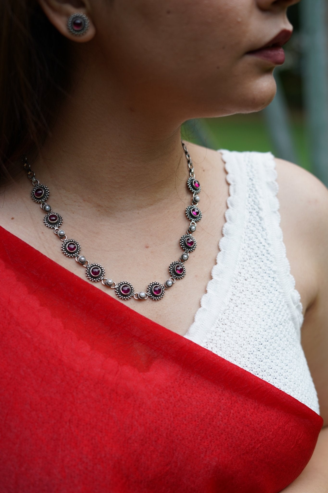 Rani Padmini Minute Deatiled Rawa Red Stone Necklace - ShailPiya