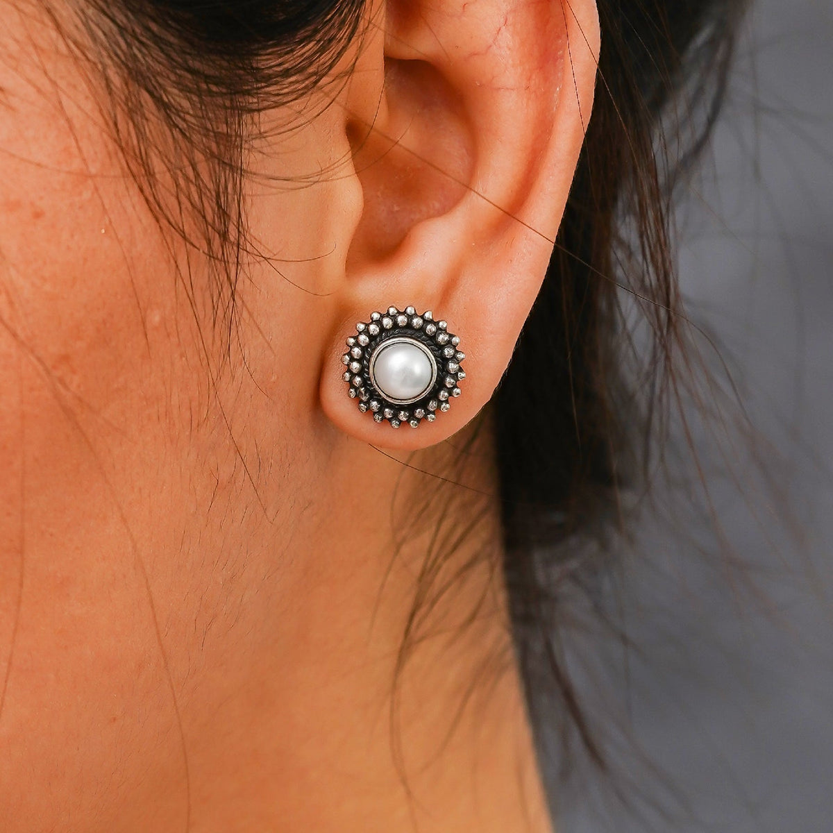 Rani Padmini Minute Detailed Rawa Pearl Stud Earrings - ShailPiya