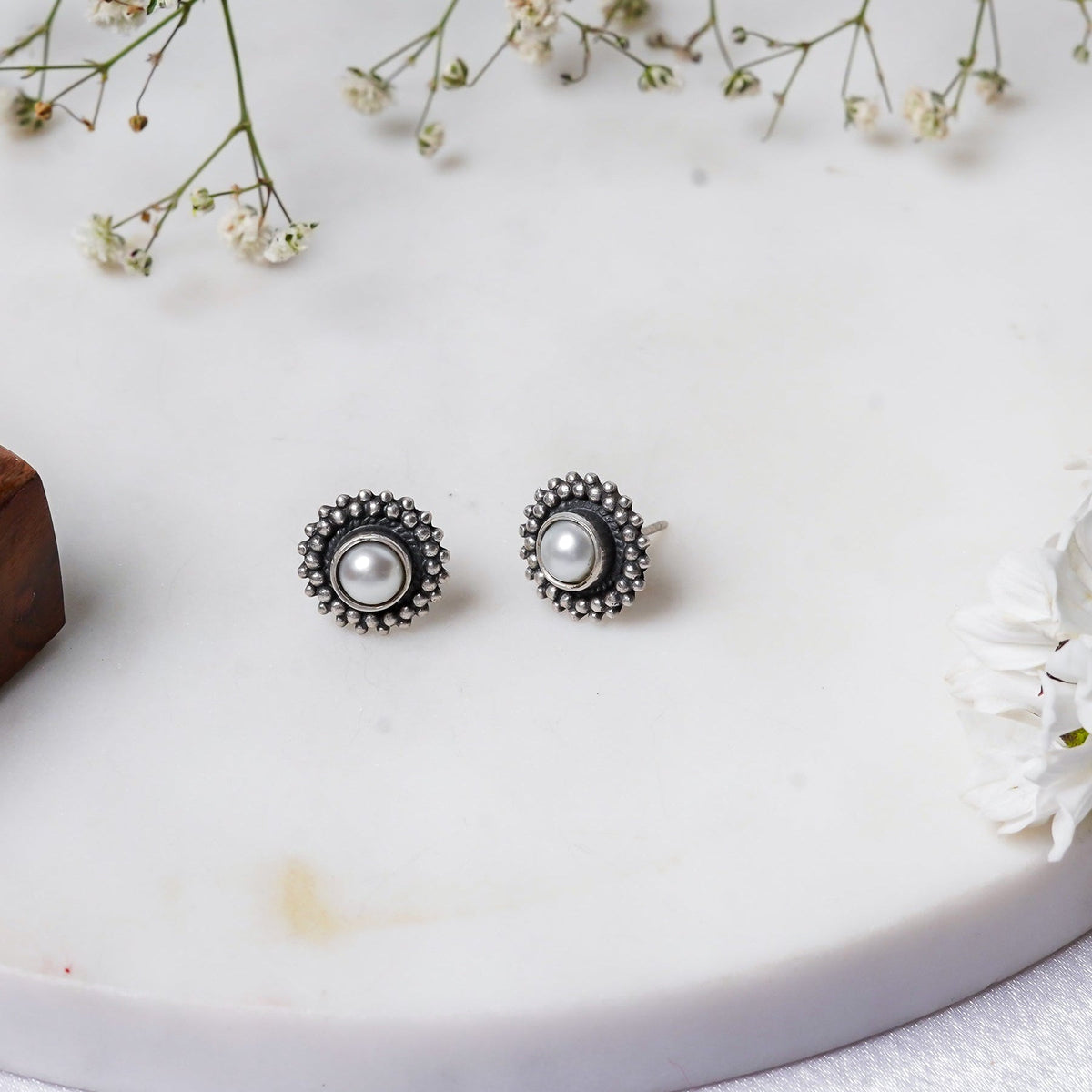 Rani Padmini Minute Detailed Rawa Pearl Stud Earrings - ShailPiya