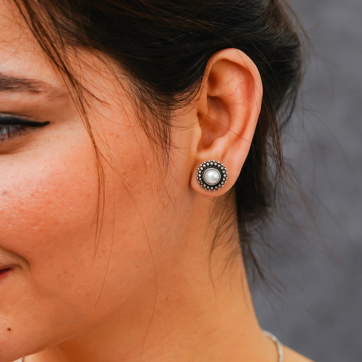 Rani Padmini Minute Detailed Rawa Pearl Stud Earrings - ShailPiya