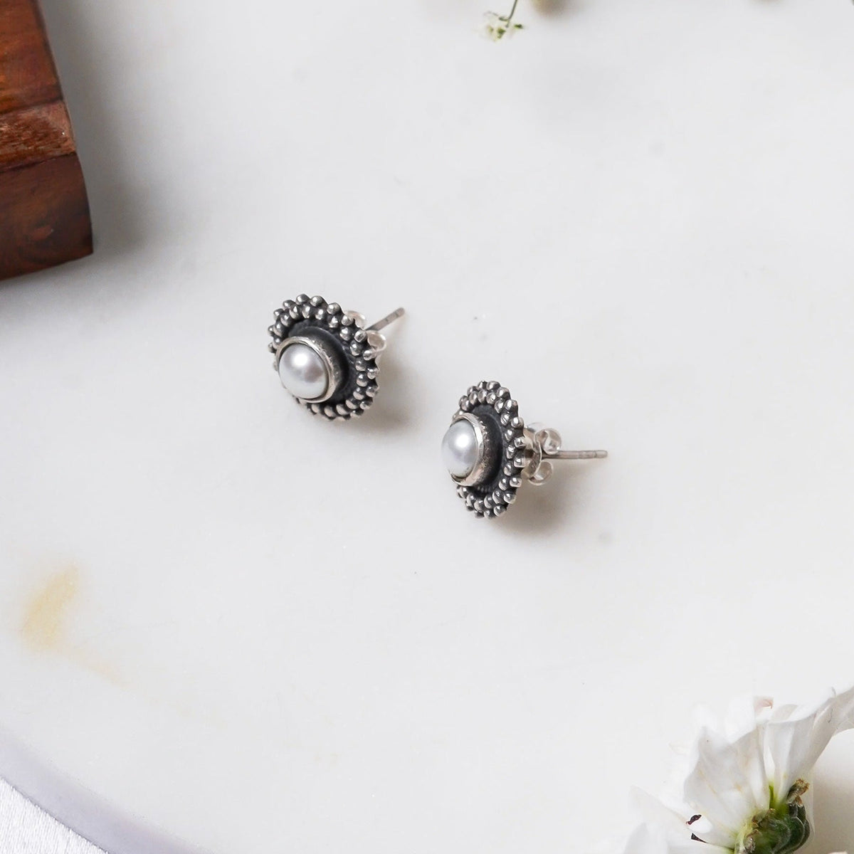 Rani Padmini Minute Detailed Rawa Pearl Stud Earrings - ShailPiya