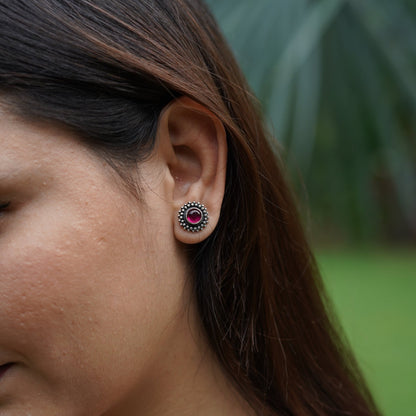 Rani Padmini Minute Detailed Rawa Red Stone Earrings - ShailPiya