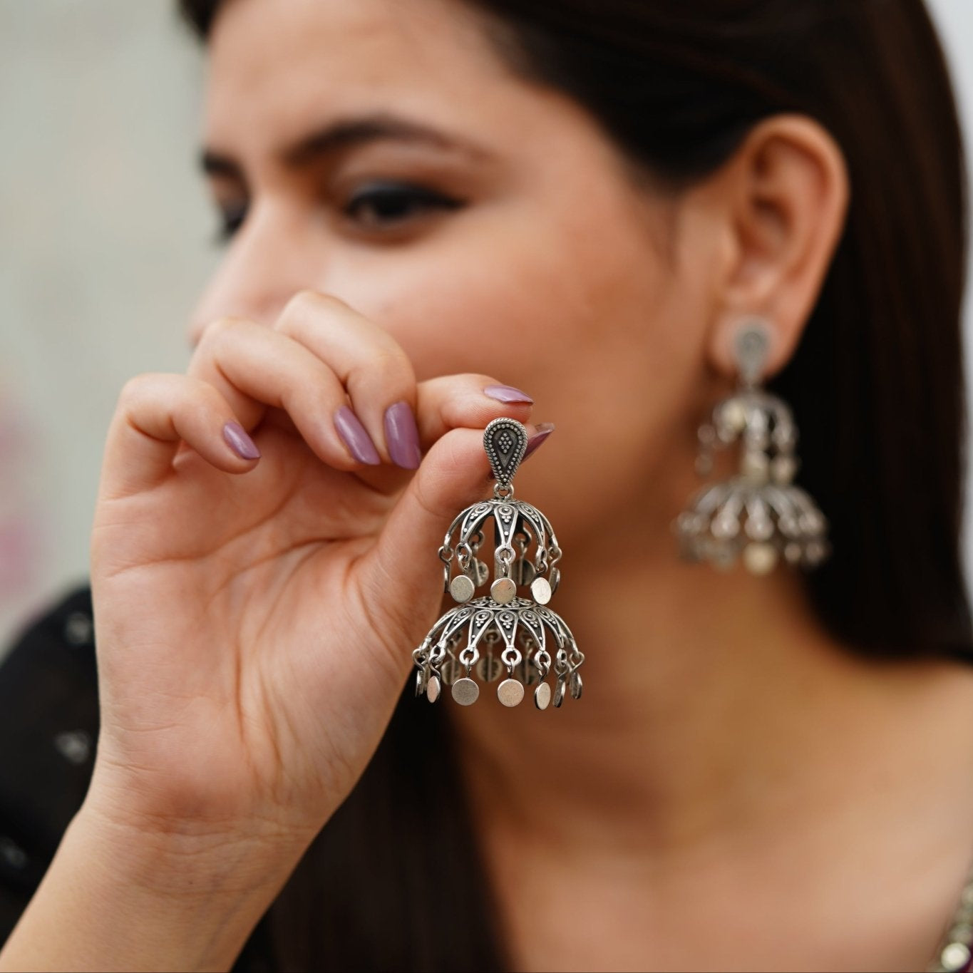 Shakti Fine Rawa Deatiled Jhumka With Tikadi Hanging Drop Earrings - ShailPiya
