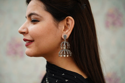 Shakti Fine Rawa Deatiled Jhumka With Tikadi Hanging Drop Earrings - ShailPiya