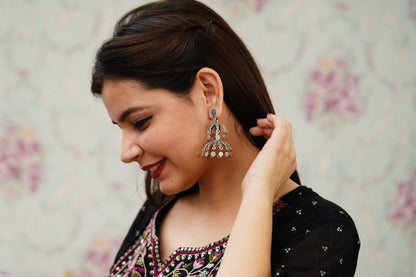Shakti Fine Rawa Deatiled Jhumka With Tikadi Hanging Drop Earrings - ShailPiya