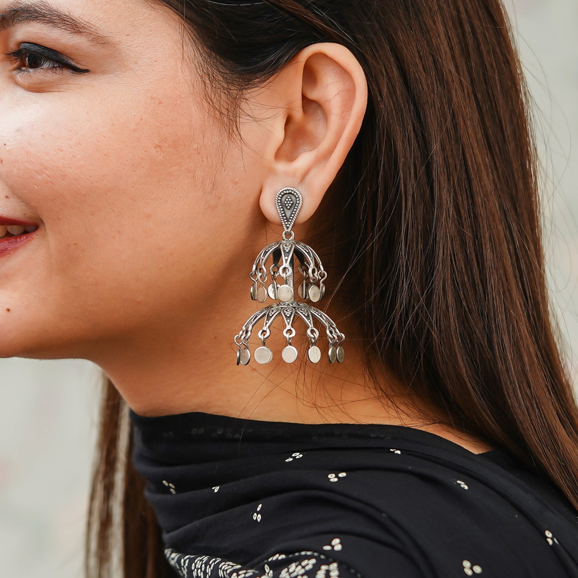 Shakti Fine Rawa Deatiled Jhumka With Tikadi Hanging Drop Earrings - ShailPiya