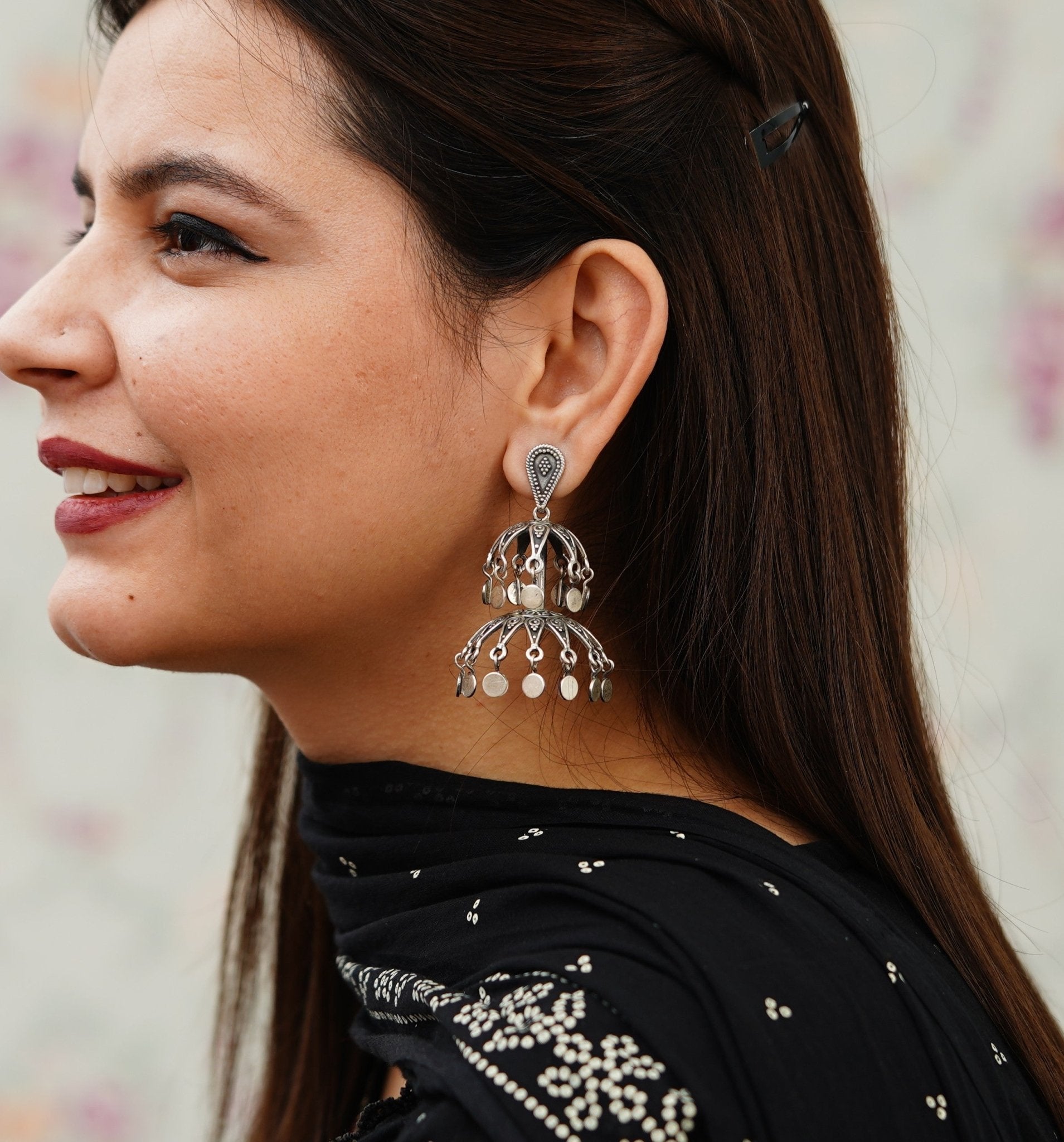 Shakti Fine Rawa Deatiled Jhumka With Tikadi Hanging Drop Earrings - ShailPiya